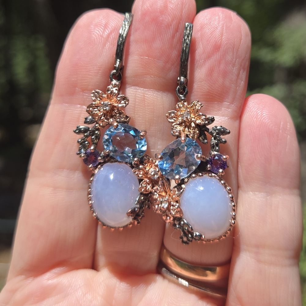 Chalcedony Topaz Amethyst Aquamarine Sterling Rhodium & Rosegold Floral Earrings - Picture 3 of 10